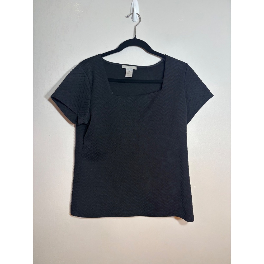 Kikit‎ Womens Black Textured Chevron Square Neck Short Sleeve Blouse Top Sz L